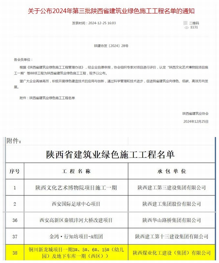 銅川新龍城項(xiàng)目一期幼兒園及地下車庫(kù)一期（西區(qū)）工程喜獲陜西省建筑業(yè)“綠色施工工程”榮譽(yù)稱號(hào)